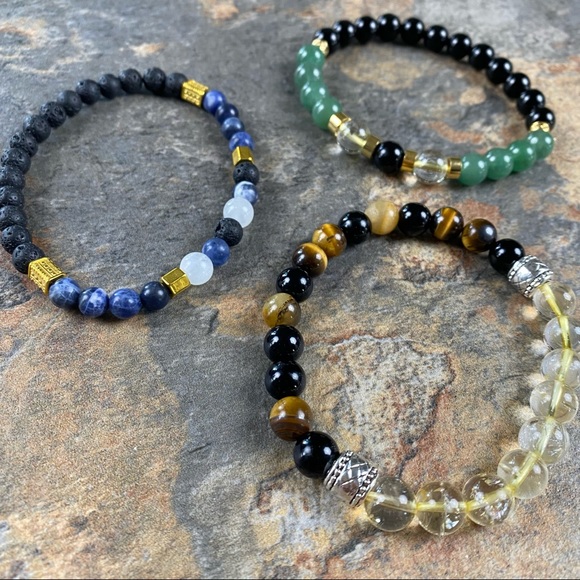 3 pack Mens beaded bracelet with genuine gemstones and crystals - Picture 2 of 2